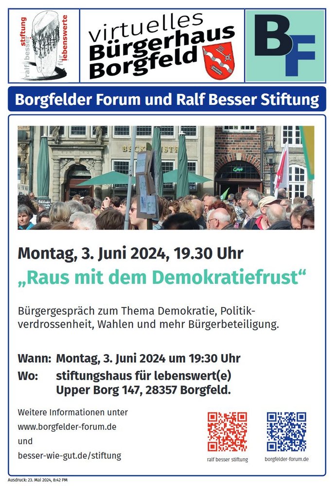 Raus mit dem Demokratiefrust - Veranstaltung 03.06.2024, 19:30 bei der Rafl Besser Stiftung